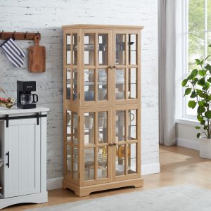 1-252.jpg Antique Curio Display Cabinet with 4 Glass Doors & Adjustable Shelves, Vintage Showcase for Collectibles, Suitable for Home & Office Use, E26 Bulb Included