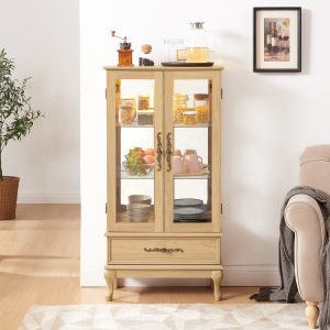 Lighted Glass Curio & Wine Cabinet with Adjustable Glass Shelves, 2 Doors, 1 Drawer, Sideboard Design, and Included Bulb