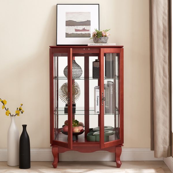 2-Door Curio Cabinet with Tempered Glass Doors, Mirrored Back Panel & Adjustable Shelves, Lighted Display Cabinet for Home and Office, Bulb Included