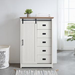 5-Drawer Dresser with Sliding Barn Door, Modern Farmhouse Tall Chest of Drawers, Versatile Storage Organizer for Bedroom, Hallway and Living Room