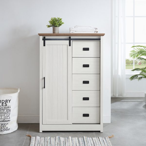 1-257.jpg 5-Drawer Dresser with Sliding Barn Door, Modern Farmhouse Tall Chest of Drawers, Versatile Storage Organizer for Bedroom, Hallway and Living Room
