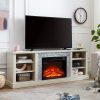 Large Faux Stacked Stone Media Console with Storage Cabinet & Rack, Modern TV Stand with 23-Inch Fireplace Insert