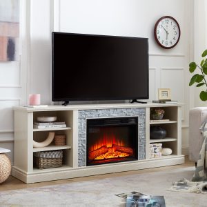 1-258.jpg Large Faux Stacked Stone Media Console with Storage Cabinet & Rack, Modern TV Stand with 23-Inch Fireplace Insert