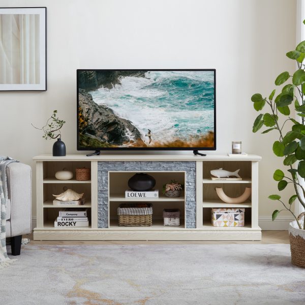 1-259.jpg Large TV Media Entertainment Stand with Faux Stacked Stone Surround, Media Console Table and Spacious Storage Cabinet