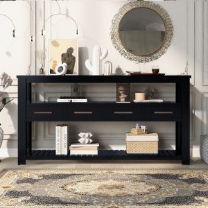 61.5'' Large Entryway Console Table with 4 Drawers & 3-Tier Open Shelves, Painted Design with Metal Handles, Versatile Sofa Table for Living Room, Bedroom, Foyer & Kitchen