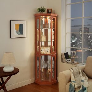 1-263.jpg Corner Lighted Glass Curio Cabinet, Multi-Purpose Corner Display Case for Living Room, Ideal for Antique Collections, Wine & Bar Glass Storage (Included Light)