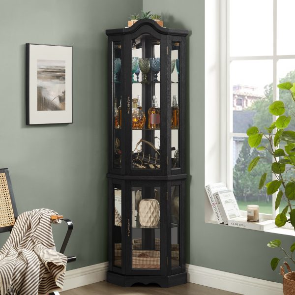 Lighted Corner Curio Cabinet with Tempered Glass Doors and Shelves C Elegant Oak Finish, Perfect Display & Storage for Living Room and Bedroom