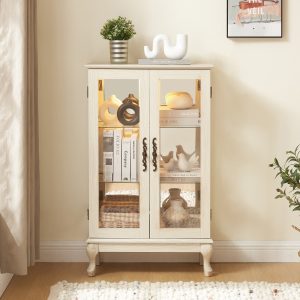 1-266.jpg 2-Door Curio Cabinet with Tempered Glass Doors, Mirrored Back Panel & Adjustable Shelves C Lighted Display Cabinet with Bulb Included for Home and Office