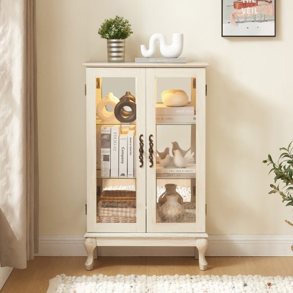 2-Door Curio Cabinet with Tempered Glass Doors, Mirrored Back Panel & Adjustable Shelves C Lighted Display Cabinet with Bulb Included for Home and Office