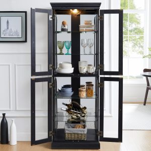 1-267.jpg Elegant Lighted Glass Curio Display Cabinet with Wooden Frame C Multi-Purpose Storage for Living Room, Kitchen and Pantry, Bulb Included, Perfect for Wine, Toys and Collectibles