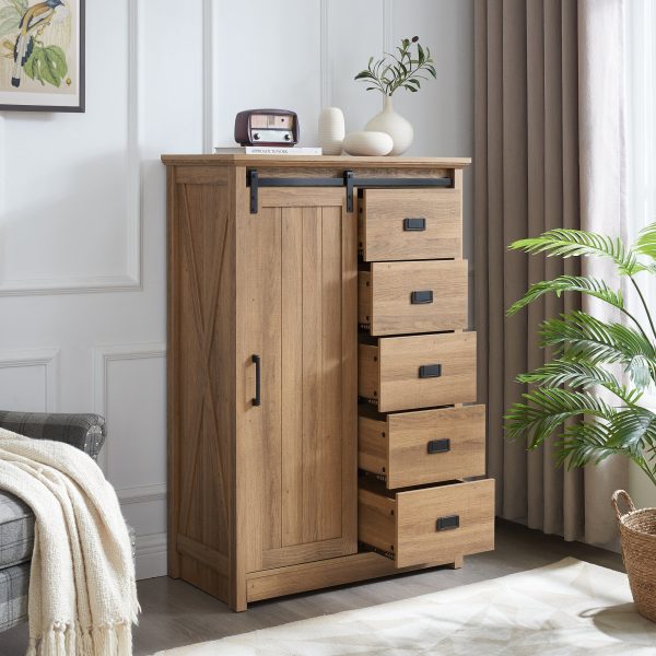 1-268.jpg 5-Drawer Dresser with Sliding Barn Door, Farmhouse Modern Tall Chest of Drawers, Multi-Purpose Storage Organizer for Bedroom, Hallway, Living Room & Kids Room