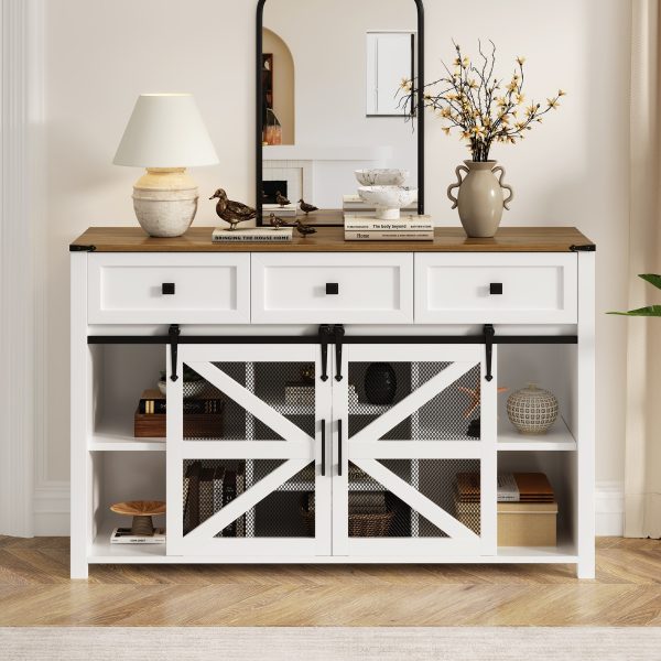 55'' Industrial Sliding Barn Door Sideboard Buffet Cabinet - 3 Drawers, Adjustable Shelves, Metal Mesh & Particleboard Doors, Aluminum Handles, Ideal for Living Room & Dining Room Storage