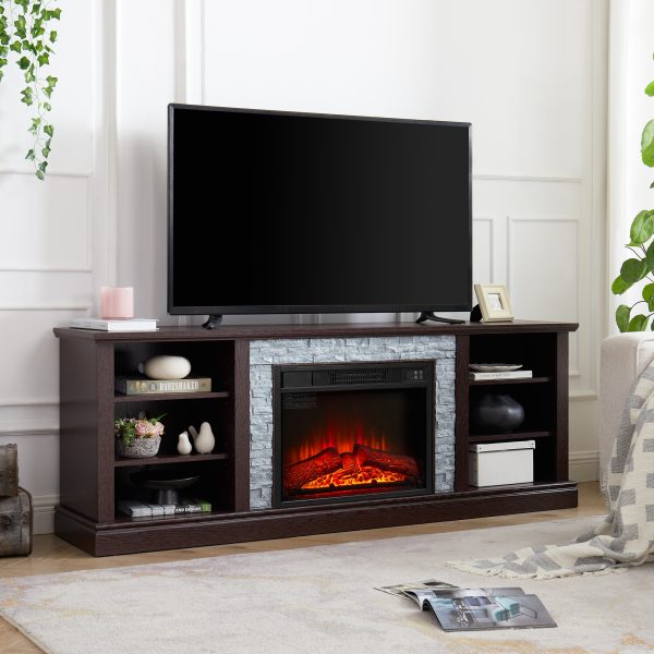 Large TV Media Console with Faux Stacked Stone Surround, TV Storage Rack with Spacious Storage Cabinet & 23" Fireplace Insert, Modern TV Stand for Living Room