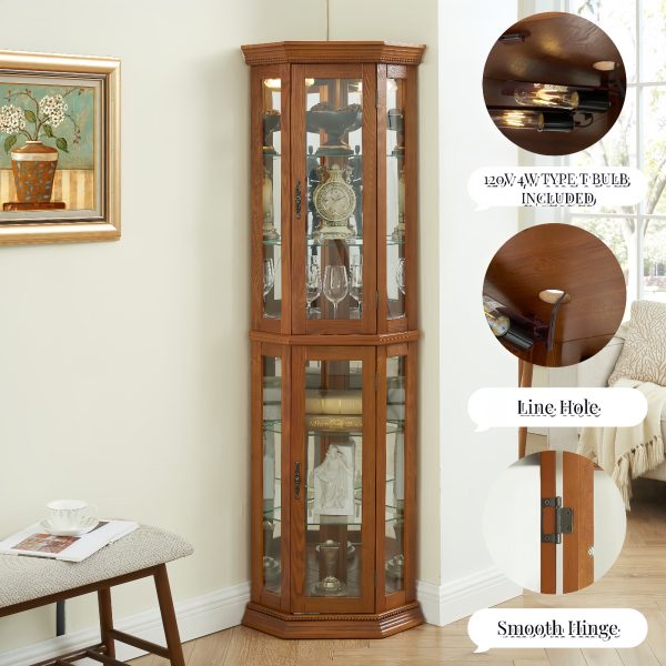 1-275.jpg Lighted Corner Curio Cabinet with Tempered Glass Doors, Adjustable Glass Shelves, Bead Bulb Included, Multi-Functional Display Cabinet with Glass Shelving & Bar Storage