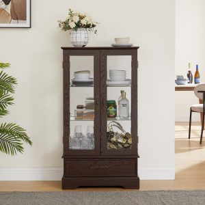 Lighted Glass Curio Cabinet with Adjustable Glass Shelves, 2 Doors, 1 Drawer and Included Bulb
