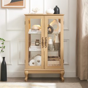 1-278.jpg 2-Door Curio Display Cabinet with Tempered Glass Doors, Mirrored Back Panel, Adjustable Shelves & Built-in Light, Light Bulb Included for Home & Office