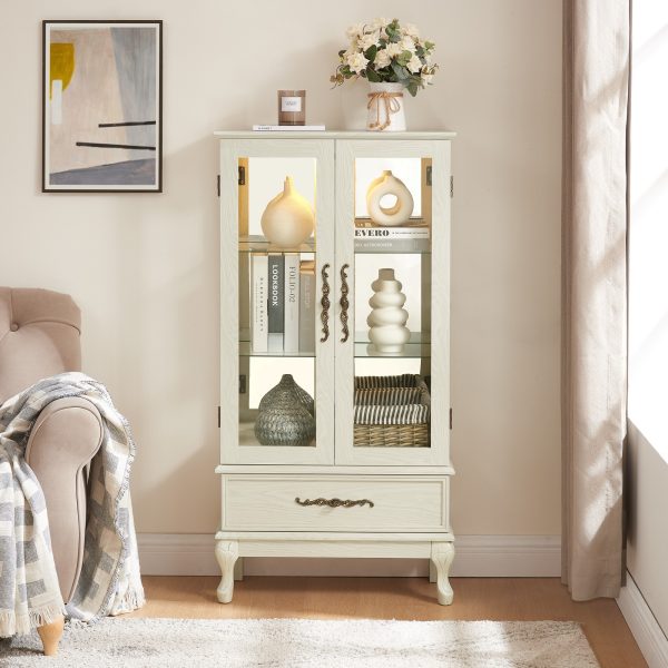 Lighted Curio Cabinet with Adjustable Glass Shelves, 2 Doors & 1 Drawer, Glass Wine Cabinet & Sideboard with Bulb Included
