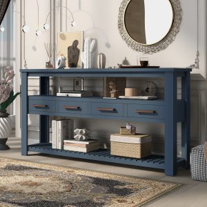 61.5'' Large Entryway Console Table with 4 Drawers & 3-Tier Open Shelves, Painted Finish with Metal Handles, Versatile Sofa Table for Living Room, Bedroom, Foyer & Kitchen