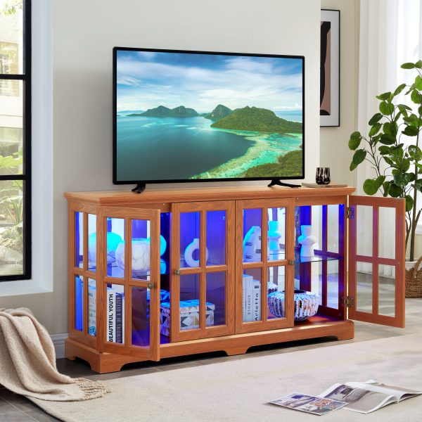 LED Lighted Antique Curio Display Cabinet with 4 Glass Doors & Adjustable Shelves, Vintage Showcase for Collectibles, Home & Office Display Case