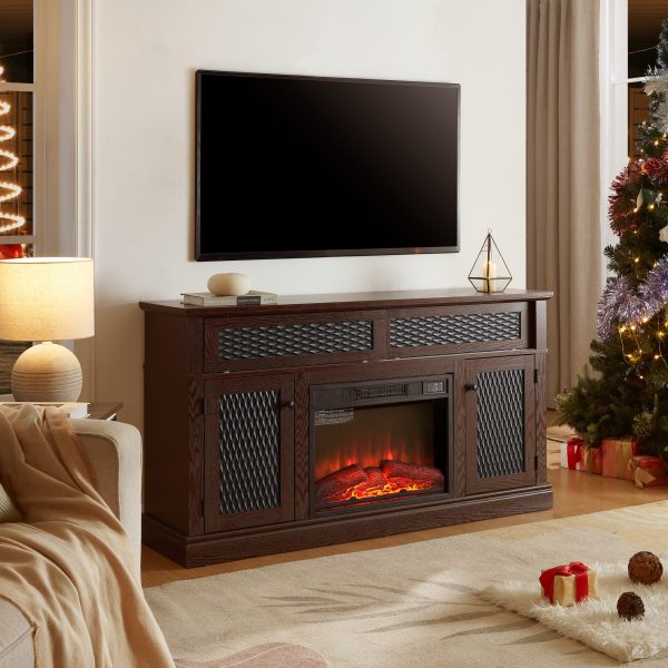 Embossed Pattern TV Stand with 23" Fireplace Insert, Media Console with Open & Closed Storage & Sliding Door for Living Room & Bedroom