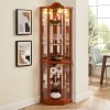 1-283.jpg Lighted Corner Glass Curio Cabinet with Carved Decoration, Wine & Bar Cabinet Featuring Adjustable Glass Shelves & Included Bulb