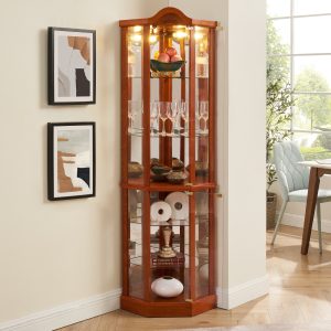 Lighted Corner Glass Curio Cabinet with Carved Decoration, Wine & Bar Cabinet Featuring Adjustable Glass Shelves & Included Bulb