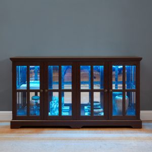 LED-Lit Antique Curio Display Cabinet with 4 Glass Doors & Adjustable Shelves, Vintage Showcase for Collectibles, Home & Office