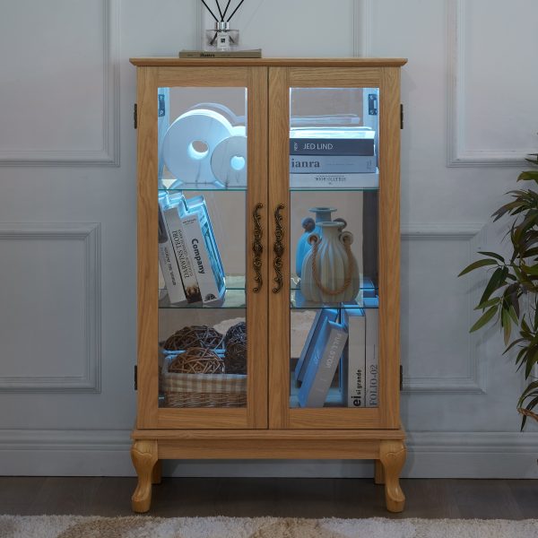 Elegant Light Oak Curio Cabinet with Tempered Glass Doors, LED Lighting, Mirrored Back & Adjustable Shelves, Ideal Display Storage for Home & Office