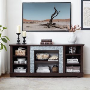 TV Media Stand with Faux Stacked Stone Surround, Modern Entertainment Console Featuring Open Storage