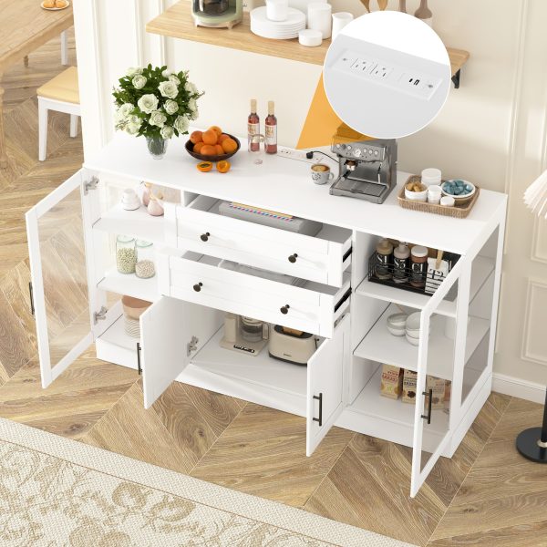 58.3" Modern Buffet Sideboard Storage Cabinet with 4 Doors, 2 Drawers, Adjustable Shelves, Built-in Power Outlet, Acrylic Panels & Aluminum Alloy Handles, for Dining Room, Living Room and Kitchen