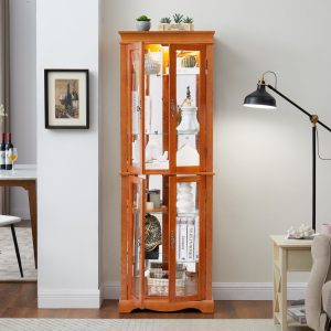 Lighted Glass Curio Display Cabinet with Wooden Frame, Glass Storage & Wine Cabinet, Toy Display Case for Living Room, Kitchen & Pantry C Bulb Included