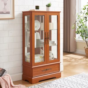 Lighted Glass Curio Display Cabinet with Adjustable Glass Shelves, 2 Doors & 1 Drawer C Light Bulb Included