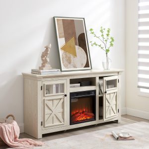 1-293.jpg 2-Door Farmhouse TV Media Stand, Barn-Inspired Entertainment Console with 18" Fireplace Insert