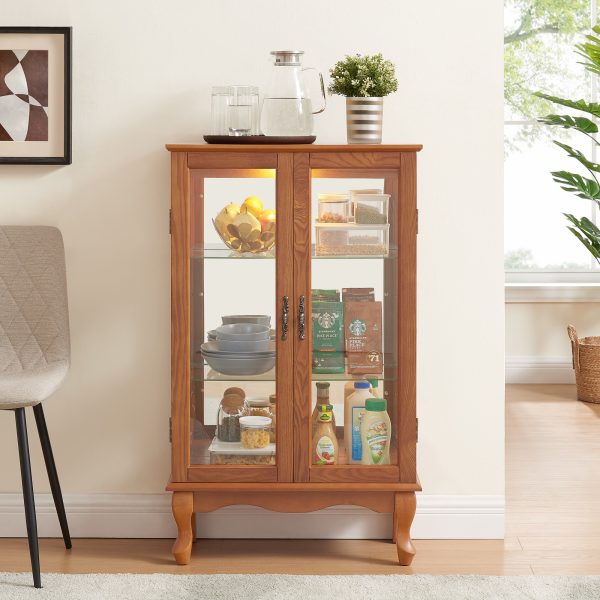 2-Door Lighted Curio Cabinet with Tempered Glass Doors, Mirrored Back & Adjustable Shelves C Bulb Included for Home & Office