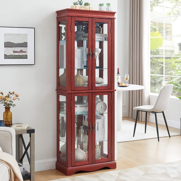 1-299.jpg Lighted Glass Curio Cabinet with Wood Frame C Multipurpose Display & Storage for Wine, Toys, Living Room/Kitchen/Pantry (Bulb Included)