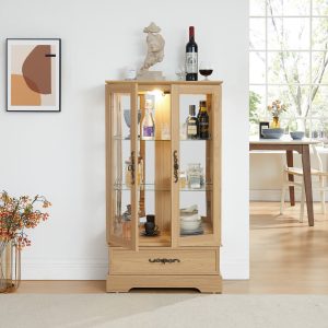Lighted Glass Curio Cabinet with Adjustable Glass Shelves, 2 Doors, 1 Drawer & Included Light Bulb