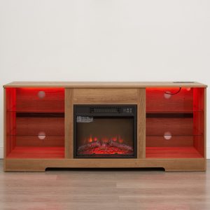 Modern Electric Fireplace TV Stand with 3D Fireplace, LED Lights, Glass Shelves & USB Charging Port