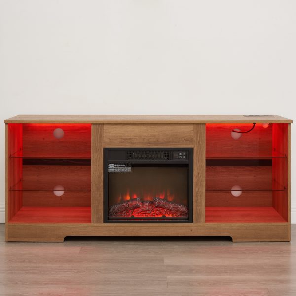 1-302.jpg Modern Electric Fireplace TV Stand with 3D Fireplace, LED Lights, Glass Shelves & USB Charging Port
