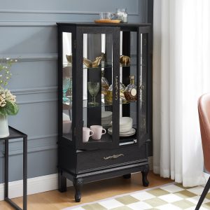Lighted Curio Cabinet with 2 Glass Doors, Adjustable Shelves & Drawer - Light Black Finish, Wine Display & Home Storage Decor