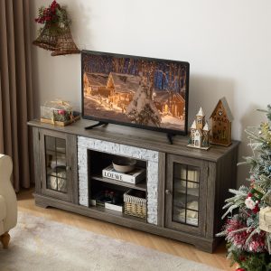 1-305.jpg 58" Modern TV Stand with 2-Door Storage, Faux Stone Media Console, Grey Large Entertainment Center for Living Room