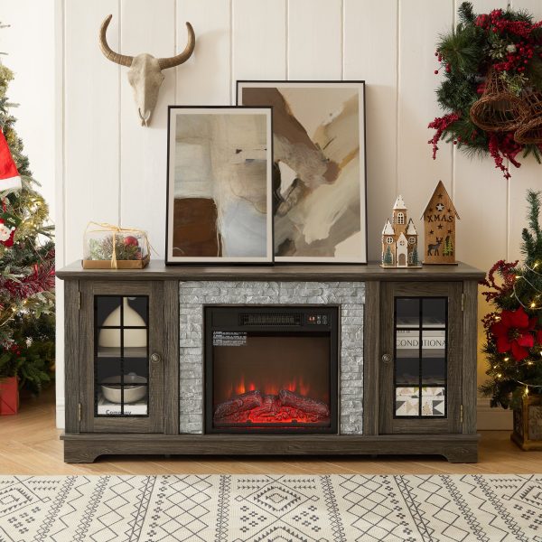 Modern 58" TV Stand with 18" Electric Fireplace, Faux Stone Media Console & 2-Door Storage, Grey Living Room Entertainment Center