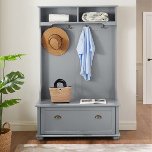 Modern Classic Hall Tree with Coat Hooks & Shoe Storage Bench, Entryway Organizer with Open Shelves and Shoe Cabinets