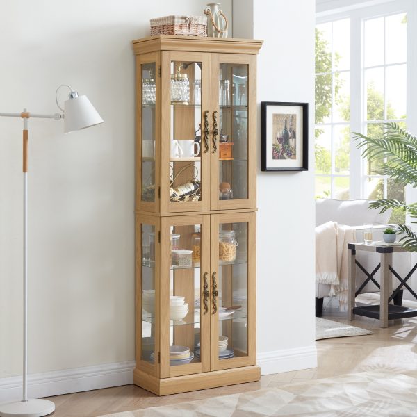 Lighted Glass Curio Cabinet with Wood Frame, Multifunctional Storage for Wine, Toys & Home Decor (Bulb Included)