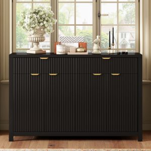 Modern 55.1'' Buffet Sideboard Cabinet with 2 Drawers & 4 Doors, Adjustable Shelves, Wave-Pattern Design, Aluminum Handles & Painted MDF, Scandinavian Storage Cabinet for Dining Room & Living Room