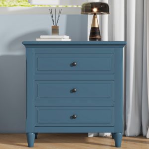 1-37.jpg 28'' Pine Wood Nightstand with 3 Drawers & Smooth-Glide Rails, Minimalist Bedside Cabinet with Metal Handles & Rubber Feet, Versatile Side Table for Bedroom, Sofa, Couch & Office