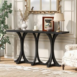 59.8'' Wooden Console Table with Oak Veneer Tabletop, Farmhouse Entryway Table with Slender Curved Rubber Wood Legs, Ideal for Living Room, Entryway, Hallway & Dining Areas
