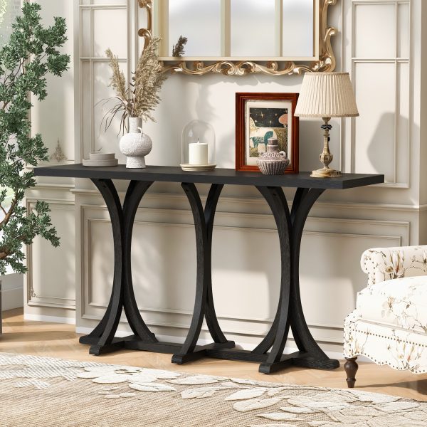 59.8'' Wooden Console Table with Oak Veneer Tabletop, Farmhouse Entryway Table with Slender Curved Rubber Wood Legs, Ideal for Living Room, Entryway, Hallway & Dining Areas