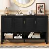 Multi-Functional 4-Door Storage Sideboard with Open Shelf & 2-Tier Adjustable Shelves, Modern Cabinet with Double Hooks for Living Room, Hallway, Dining Room & Office