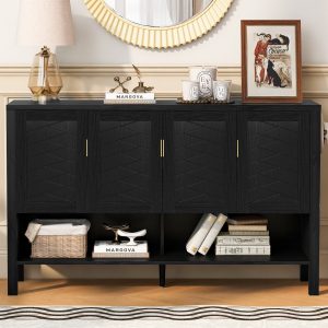 Multi-Functional 4-Door Storage Sideboard with Open Shelf & 2-Tier Adjustable Shelves, Modern Cabinet with Double Hooks for Living Room, Hallway, Dining Room & Office