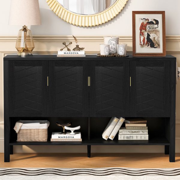 Multi-Functional 4-Door Storage Sideboard with Open Shelf & 2-Tier Adjustable Shelves, Modern Cabinet with Double Hooks for Living Room, Hallway, Dining Room & Office